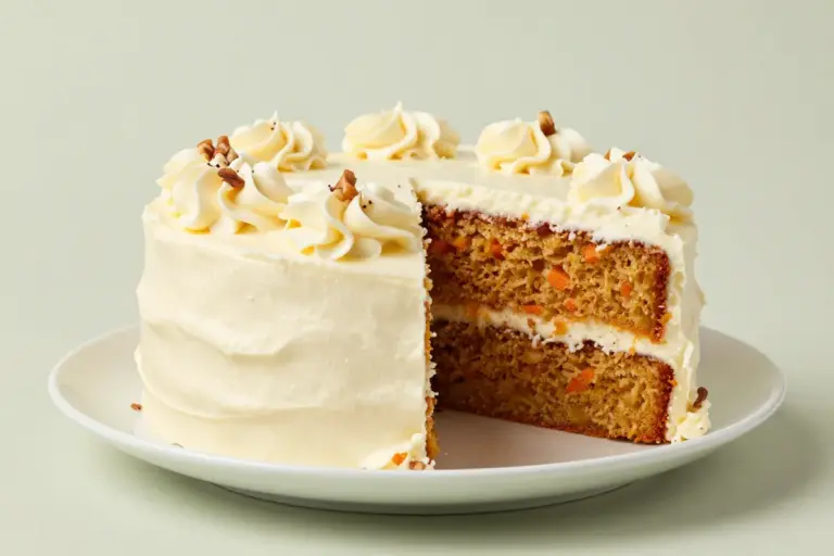 Three-layer 14-karat carrot cake with cream cheese frosting and a cut slice showing moist orange crumb