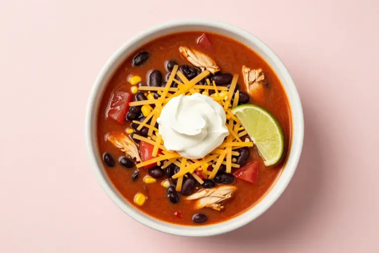 7 can chicken taco soup in a white bowl with beans, corn, tomatoes, cheese, sour cream, and lime