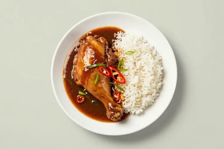 Glossy Filipino chicken adobo thigh with jasmine rice, scallions, and red chili rings on a white plate.