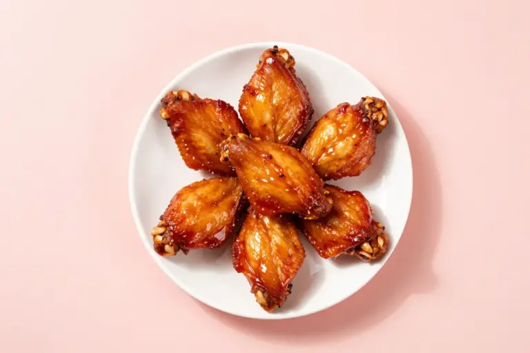 Glossy air fryer BBQ chicken wings piled on a white ceramic plate against a blush-pink background.
