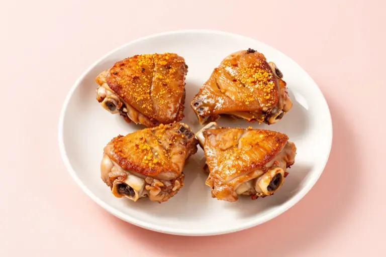 Four golden-brown bone-in, skin-on chicken thighs with crackly paprika-dusted skin on a white plate.