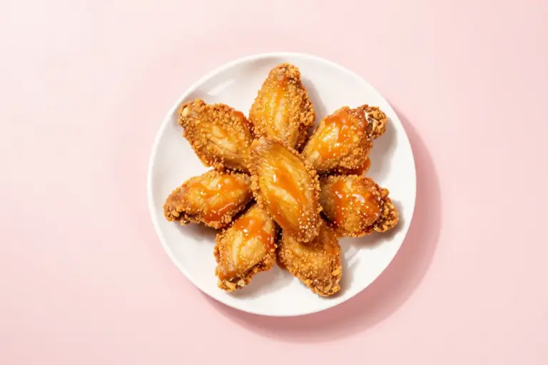 Golden-brown breaded boneless chicken wings coated in orange-red Buffalo sauce on a white plate.