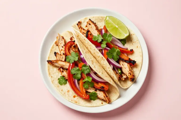 Warm flour tortillas filled with seasoned chicken, charred peppers, red onion, cilantro, and lime on a white plate.