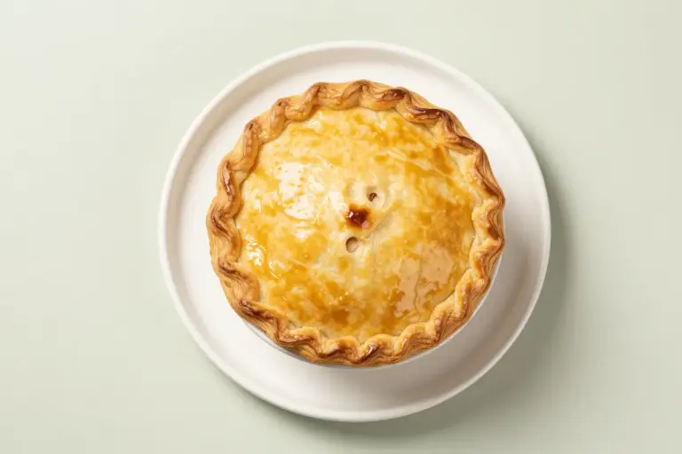 Golden-brown puff pastry tops an individual chicken pot pie in a white ramekin on a ceramic plate.