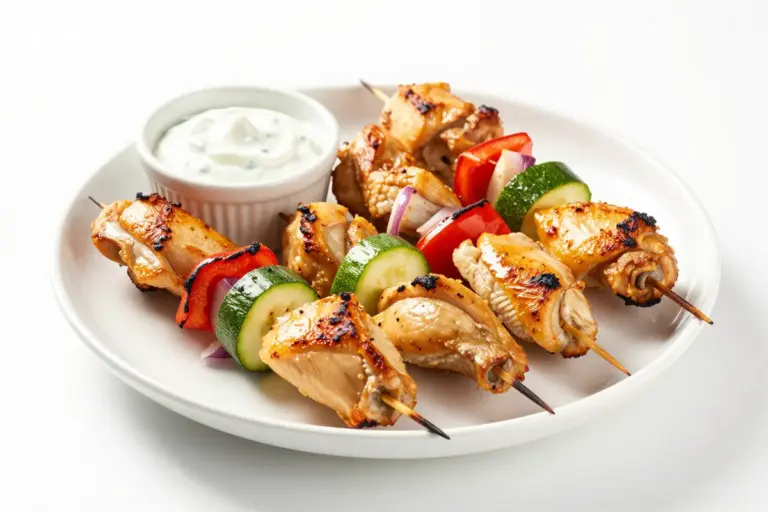 Eight golden-brown air fryer chicken skewers with bell pepper, zucchini, red onion, and yogurt sauce