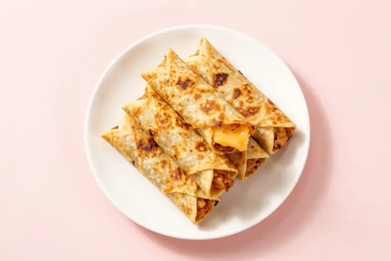 Golden-brown air fryer chicken taquitos stacked on a white plate, with melted cheese visible at one end.