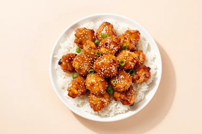 Air fryer teriyaki chicken bites piled over white rice with sesame seeds and sliced green onion.