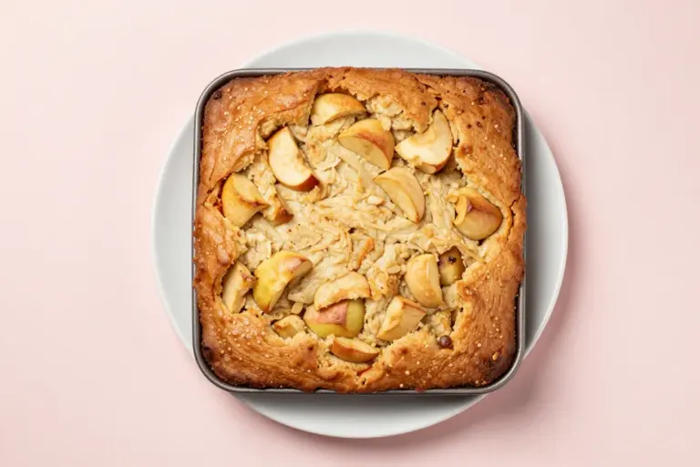 Whole Amish apple cake with visible apple chunks on a white ceramic plate against a pale blush pink background.