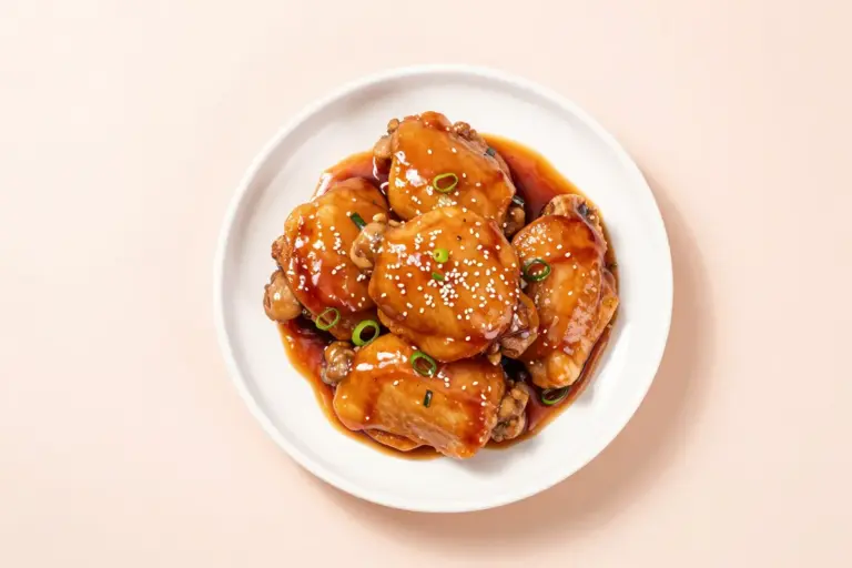 Apricot glazed chicken thighs on a white plate with scallions and sesame seeds.