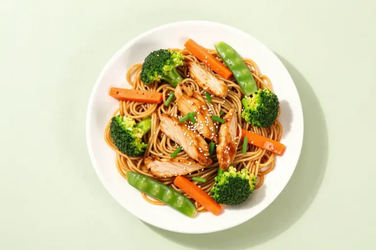 Asian noodles with chicken recipe featuring wheat noodles, seared chicken, broccoli, carrots, snap peas, bell pepper, sesame, and scallions.