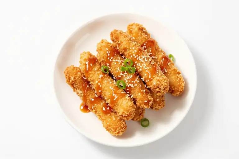 Panko-crusted Asian chicken tenders topped with soy-honey-chili sauce, sesame seeds, and sliced green onion