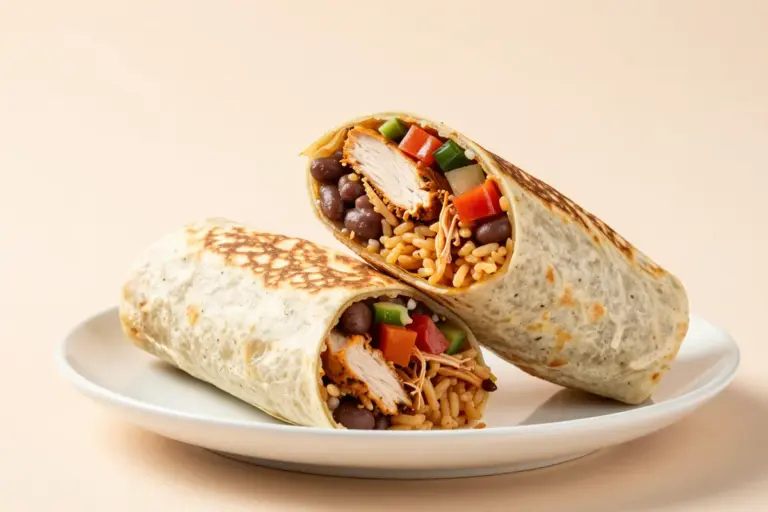 Authentic Mexican chicken burrito sliced open to show shredded chicken, refried beans, rice, and pico de gallo.