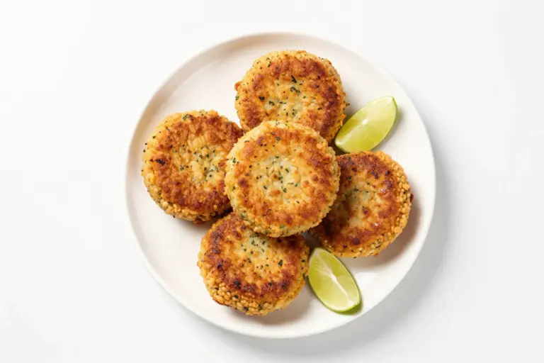 Golden-brown Bajan fish cakes with lime wedges arranged on a white ceramic plate