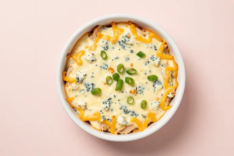 Baked buffalo chicken dip in a white dish with bubbling cheddar, blue cheese, and scallions