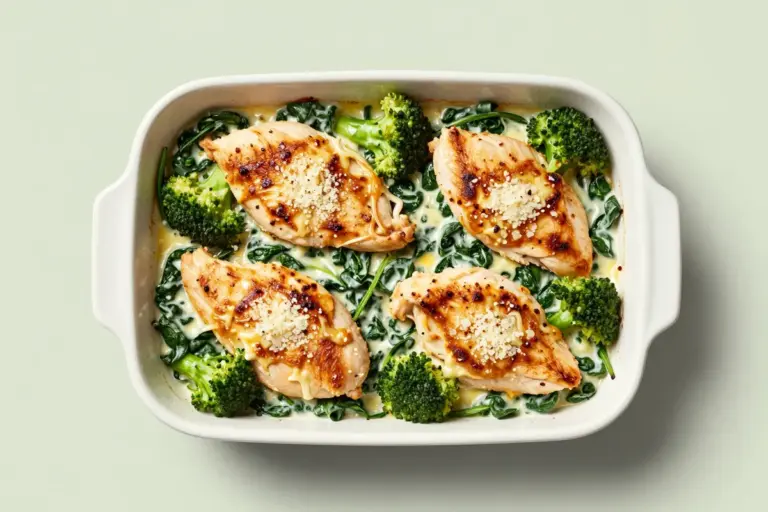 Overhead view of four golden chicken cutlets over creamy spinach and tender broccoli in a white baking dish