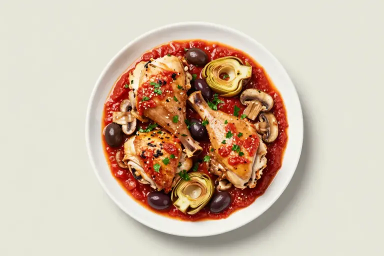 Baked chicken cacciatore with artichoke hearts, Kalamata olives, mushrooms, tomato sauce, and fresh parsley on a white plate.