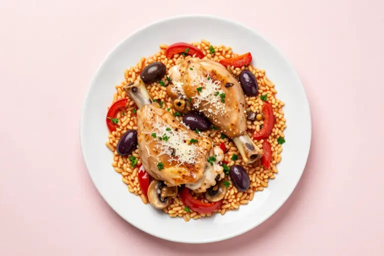 Baked chicken orzo with bone-in thighs, tomato sauce, peppers, mushrooms, olives, Parmesan, and parsley
