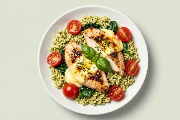Baked chicken pesto orzo with two chicken cutlets, creamy orzo, tomatoes, spinach, mozzarella, lemon zest, and basil