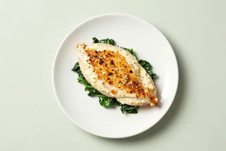 Baked chicken breast with mayonnaise, creamy spinach, and golden Parmesan topping on a white plate