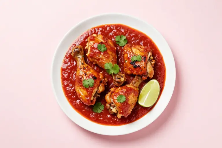 Baked curry chicken thighs in thick red yogurt-tomato sauce with cilantro and lime on a white plate.