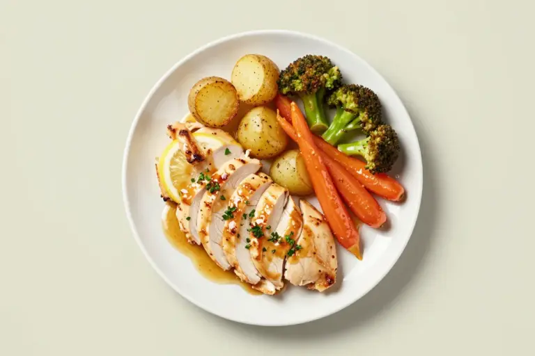 Sliced baked lemon chicken breast with roasted potatoes, carrots, broccoli, pan sauce, and parsley