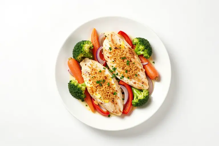 Baked chicken with vegetables topped with golden mayonnaise-Parmesan breadcrumbs, served with carrots, broccoli, peppers, and onions.