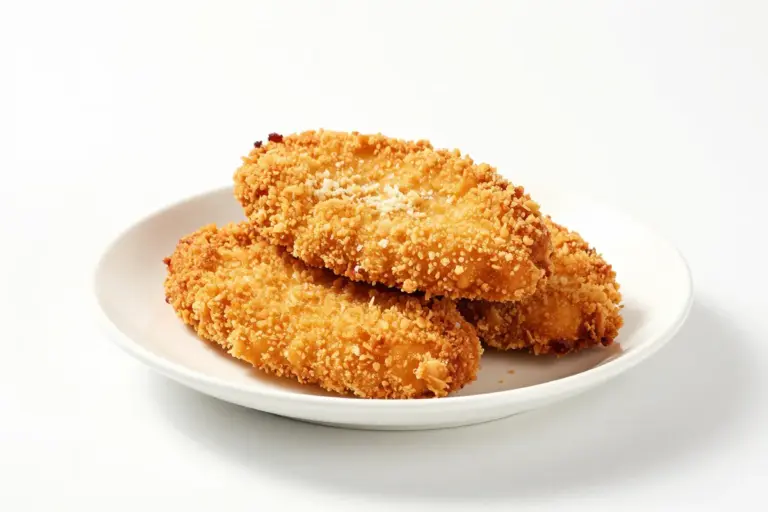 Baked panko chicken cutlets stacked on a white ceramic plate against a pure white background.