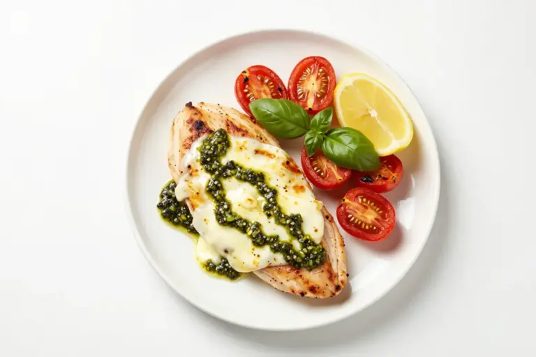 Baked chicken breasts topped with pesto, melted mozzarella, roasted tomatoes, basil, and lemon