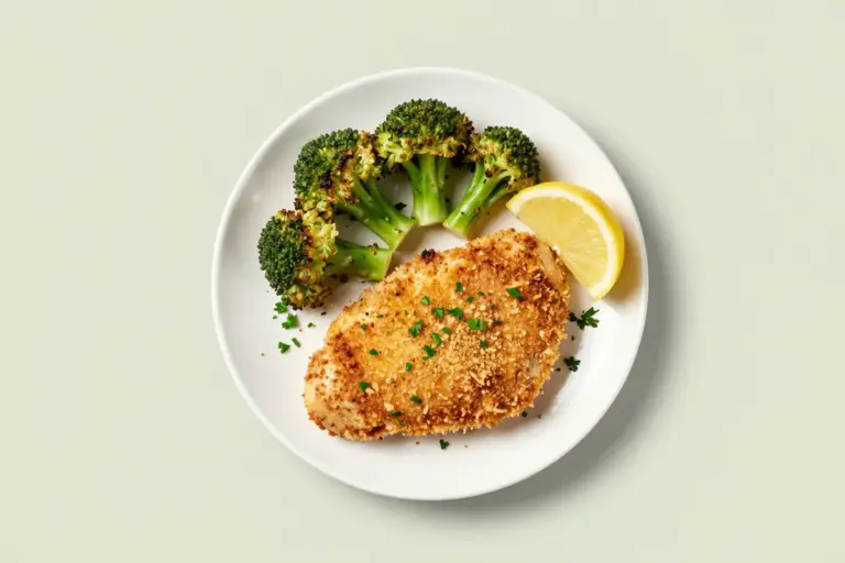 Baked ranch chicken cutlets with Parmesan-panko crust and browned broccoli on a white ceramic plate.