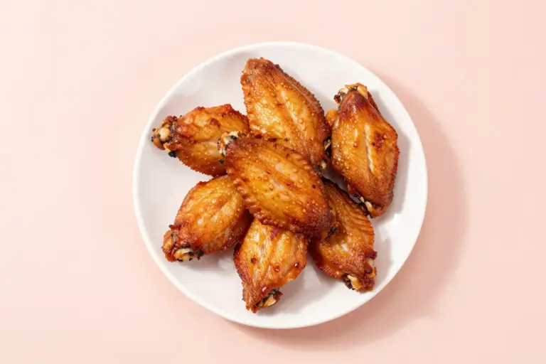 Crispy baked chicken wings piled on a white plate against a pale blush pink background