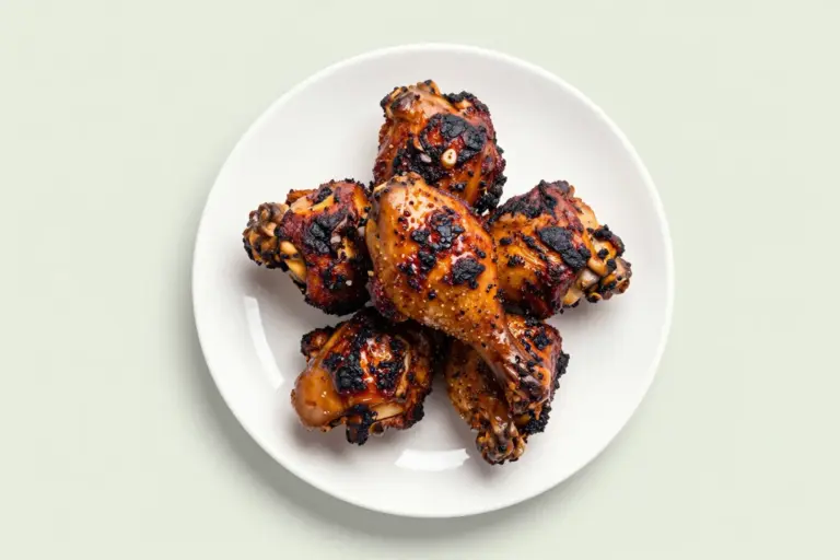 Mahogany-brown jerk chicken thighs with charred skin stacked on a white plate.