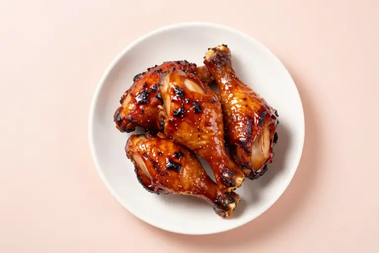BBQ baked chicken drumsticks stacked on a white plate with glossy mahogany glaze and browned skin.