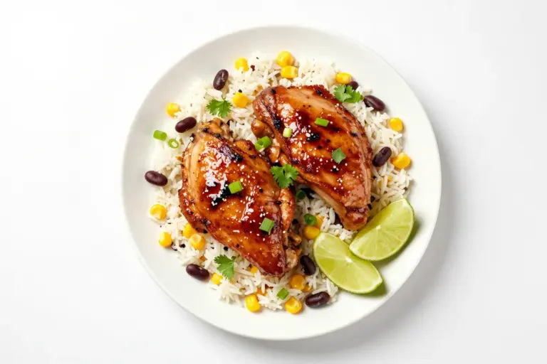 Barbeque chicken thighs over fluffy rice with corn, black beans, green onion, cilantro, and a lime wedge.