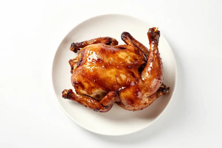 Whole BBQ spatchcock chicken with glossy mahogany skin, centered on a white ceramic plate against a seamless white background.