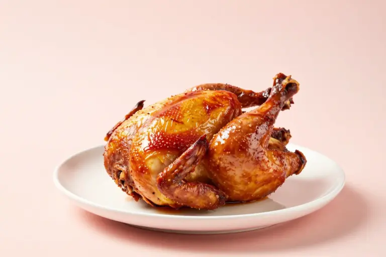 Whole beer can chicken with deeply golden paprika-red skin on a white ceramic plate