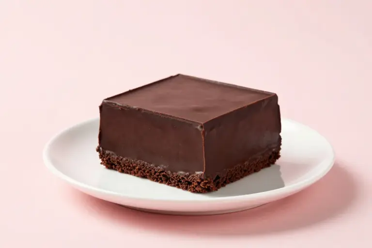 A generous slice of Black Magic chocolate cake on a white plate against a pale pink background.