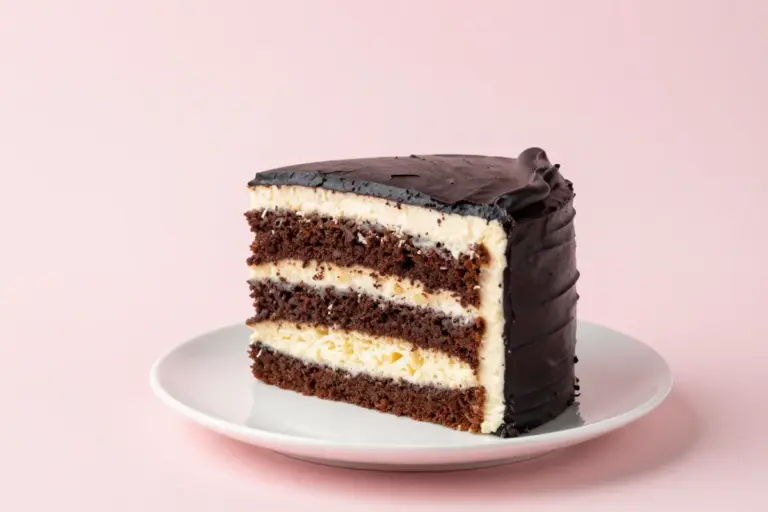 Black and white cake recipe with vanilla and chocolate layers, two-tone buttercream, and a slice revealing the cross-section.