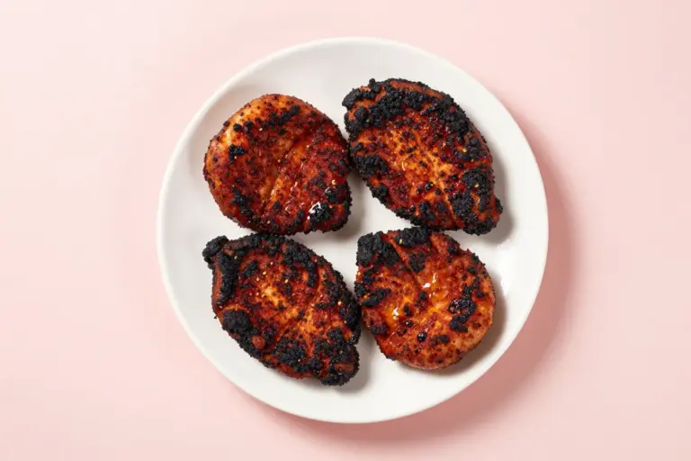 Four blackened chicken cutlets with dark spice crusts arranged on a white plate against a pale pink background.