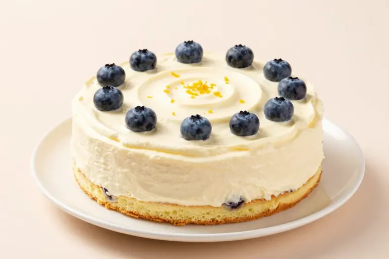 Blueberry lemon mascarpone cake topped with fresh blueberries and lemon zest on a white ceramic plate.