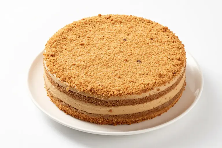 Whole Maria cookie cake with biscuit and coffee buttercream layers, topped with fine crumbs on a white plate