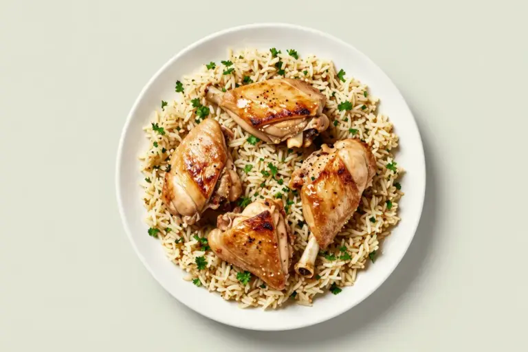 Golden-browned boneless chicken thighs rest on fluffy garlic-herb rice with chopped parsley on a white plate.