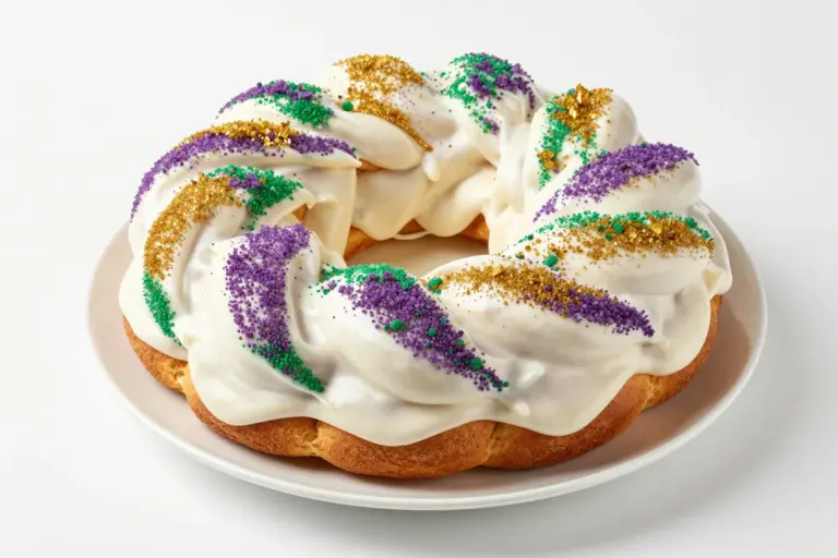 Braided oval king cake covered in white icing and purple, green, and gold sanding sugar.