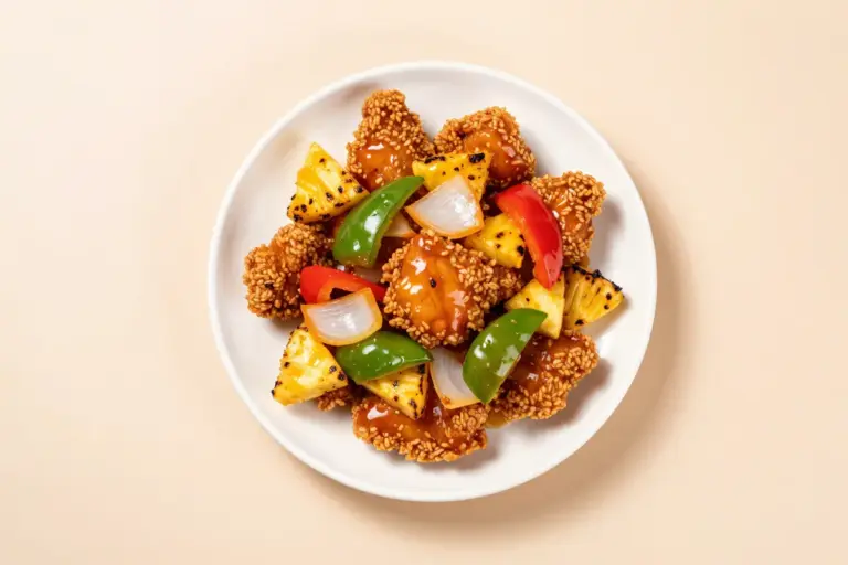 Brandon Jew sweet and sour chicken with crispy rice-battered chicken, pineapple, peppers, and onion