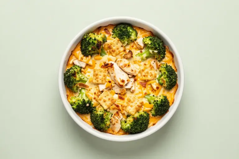Broccoli cheese chicken casserole in a white baking dish with broccoli and a crisp golden cracker topping