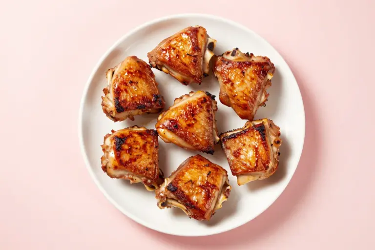 Six broiled chicken thighs with crisp paprika-charred skin arranged on a white ceramic plate