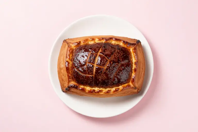 Whole Danish coffee cake with a glossy dimpled brown sugar butter topping on a white plate