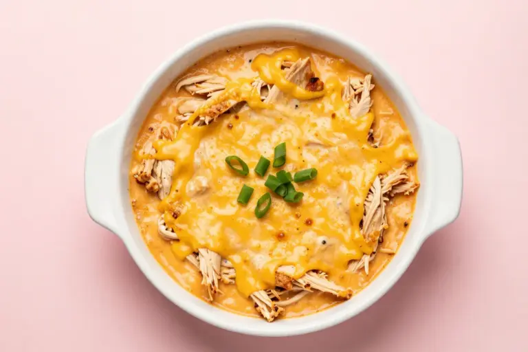 Hot buffalo chicken dip with shredded chicken, bubbling cheddar-Jack, and sliced scallions in a white baking dish.