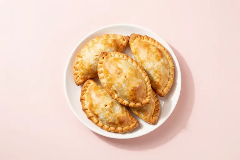 Golden-brown buffalo chicken hot pockets stacked on a white ceramic plate against a blush-pink backdrop.