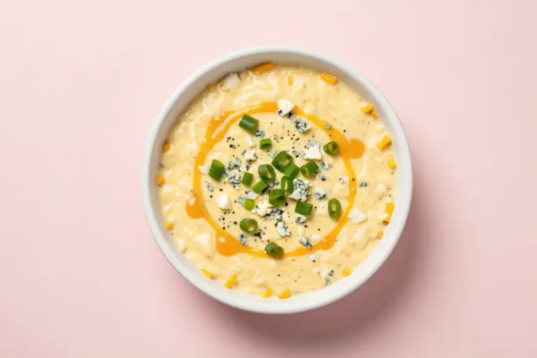 Buffalo ranch chicken dip in a white baking dish, topped with melted cheese, green onions, blue cheese, and buffalo sauce.