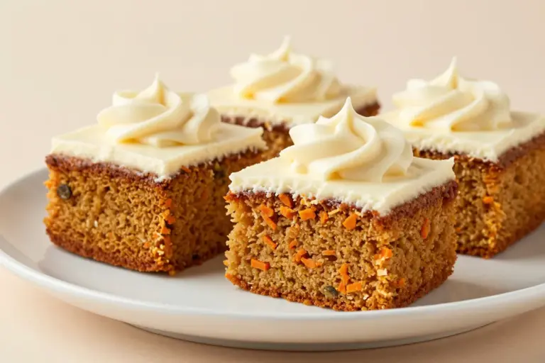 Frosted buttermilk carrot cake squares show a moist orange crumb with grated carrot flecks.